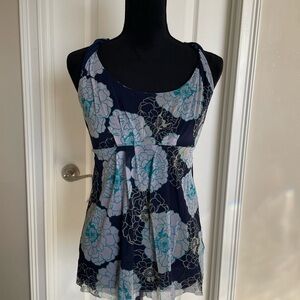 New York & Company Navy and Aqua Floral Tank Top